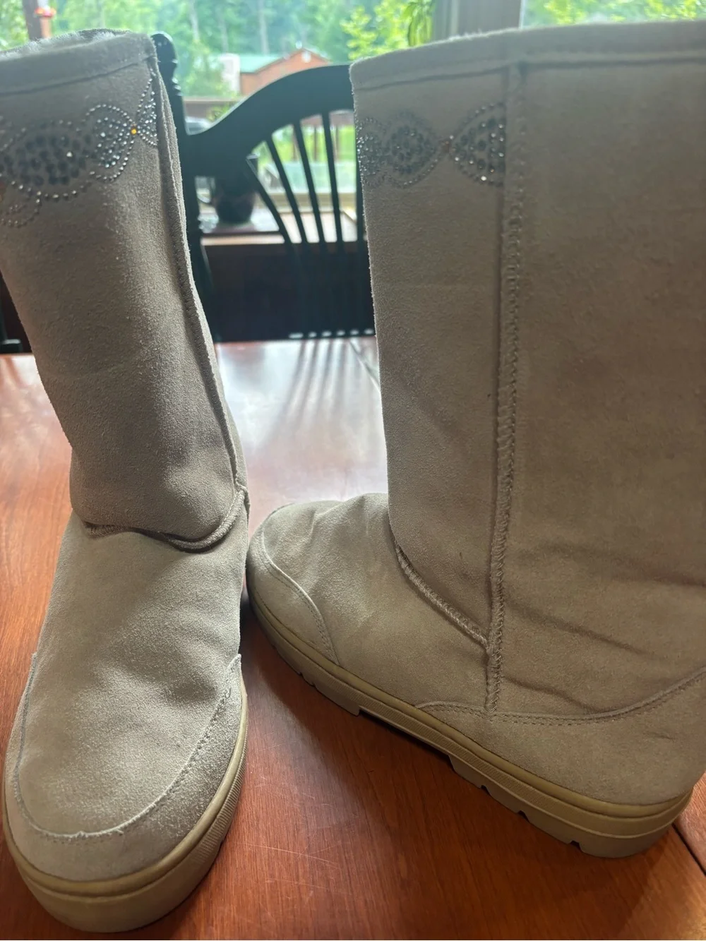 Women's Beige Suede Winter Boots with Crystal Trim